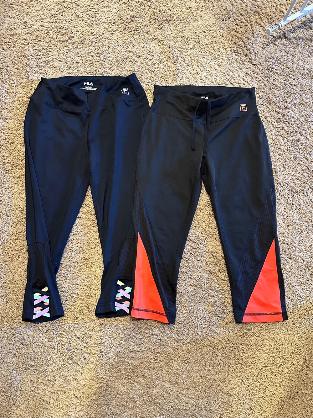 Fila Black Capri Leggings with Neon Pink Panels and Multi-Color Lace Detail